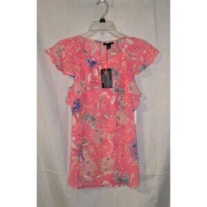 I Heart Ronson Bright Pink Blouse Size XS Cap Sleeves Ruffle Semi Sheer NWT $36